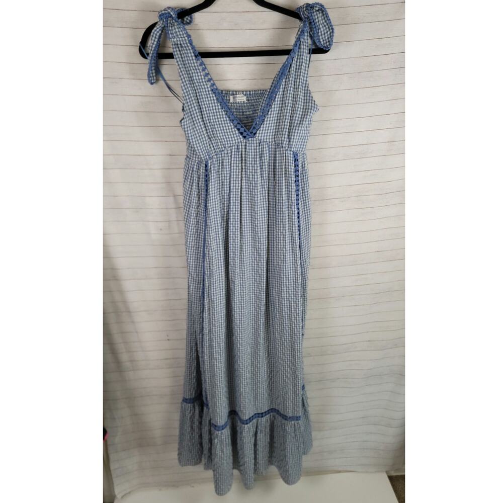 SHOP NEIGHBOR GINGHAM PLAID RUFFLE TRIM MAXI DRESS, SZ SMALL